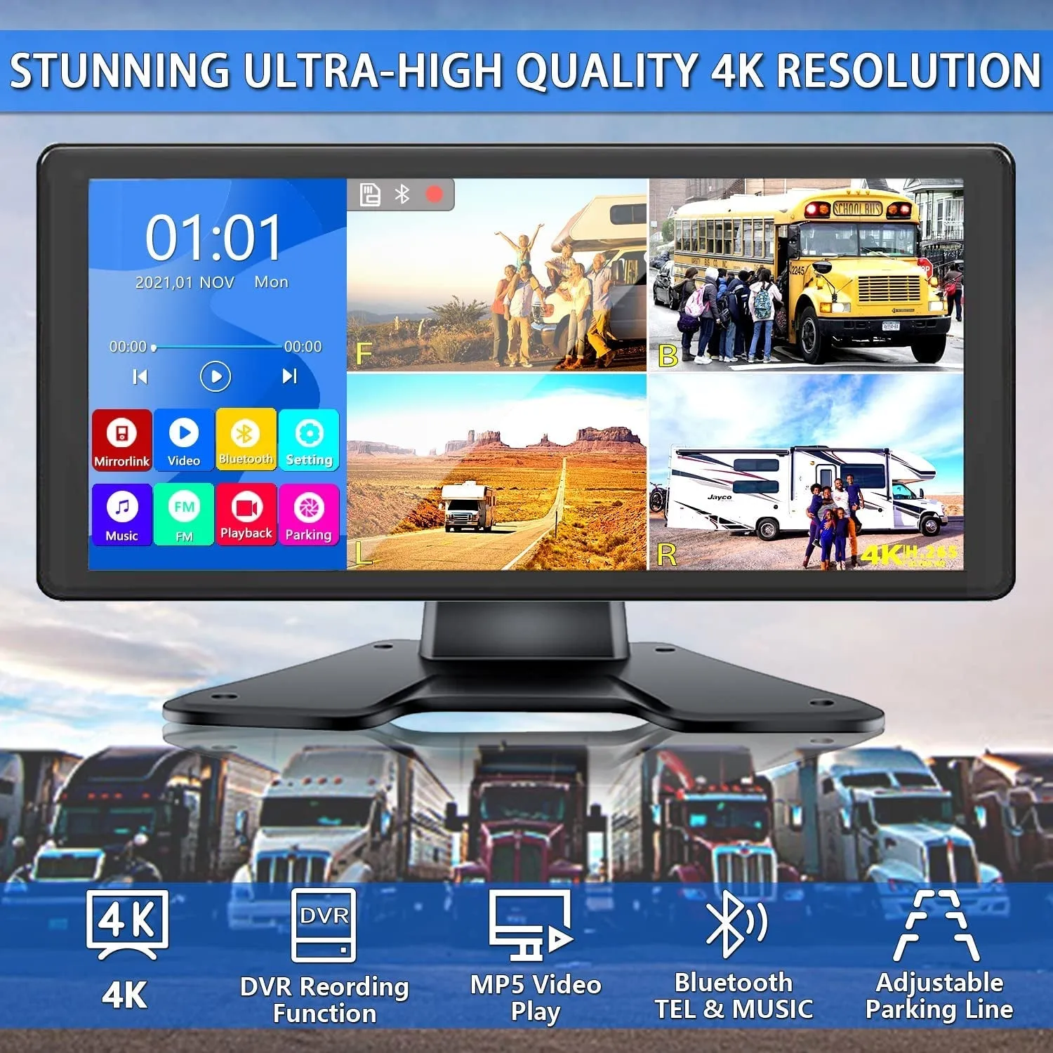 4K RV Backup Camera System with 10.36’’ Monitor for RV Truck Bus Trailer with Rear Side View 4 AHD Camera 4 Splits Touch Screen DVR Recording IP69 Waterproof Bluetooth Music Video Playback Avoid Blind