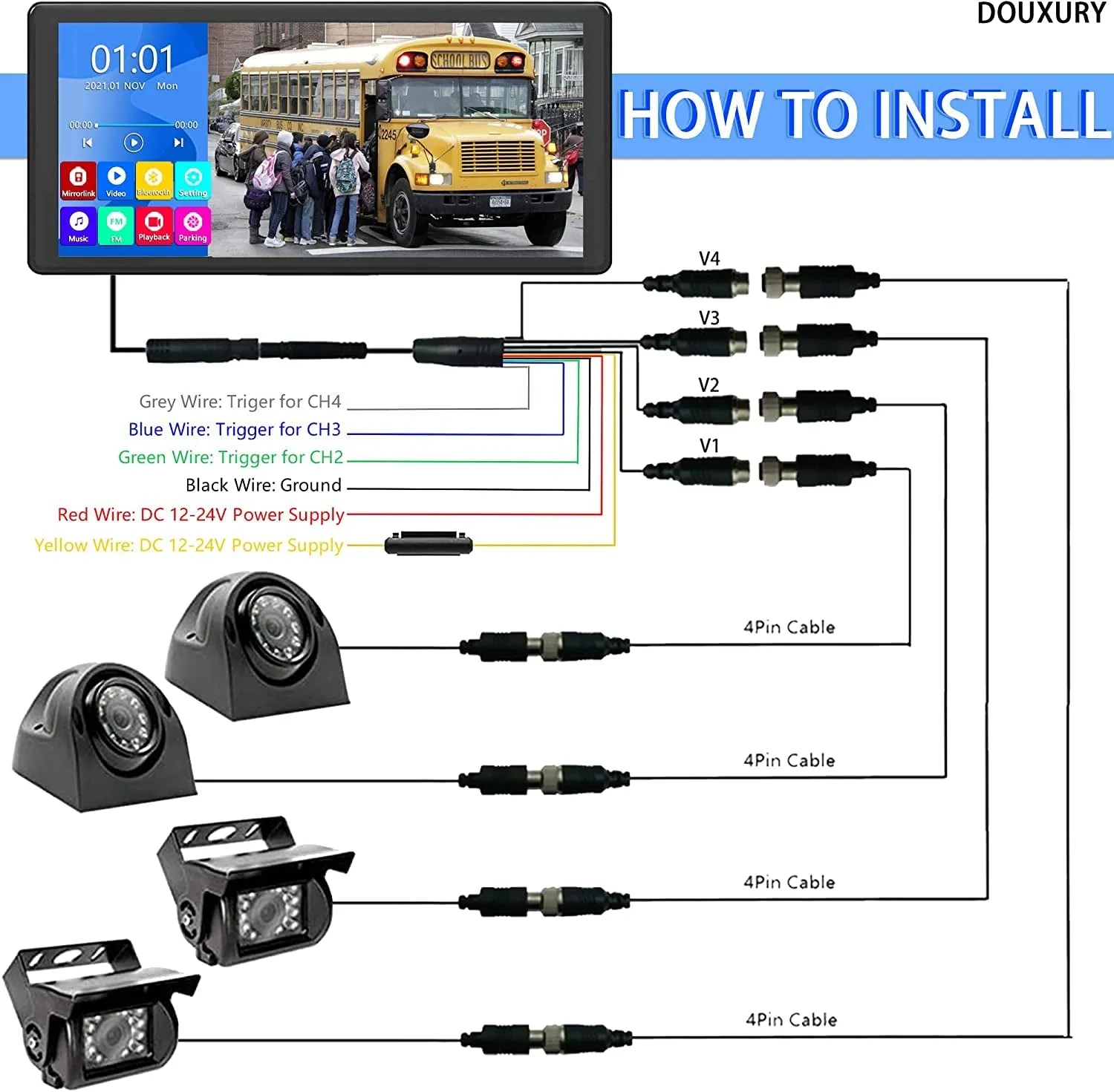 4K RV Backup Camera System with 10.36’’ Monitor for RV Truck Bus Trailer with Rear Side View 4 AHD Camera 4 Splits Touch Screen DVR Recording IP69 Waterproof Bluetooth Music Video Playback Avoid Blind