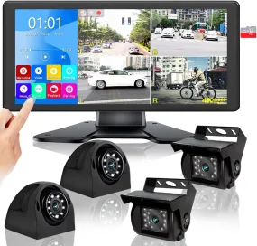 4K RV Backup Camera System with 10.36’’ Monitor for RV Truck Bus Trailer with Rear Side View 4 AHD Camera 4 Splits Touch Screen DVR Recording IP69 Waterproof Bluetooth Music Video Playback Avoid Blind