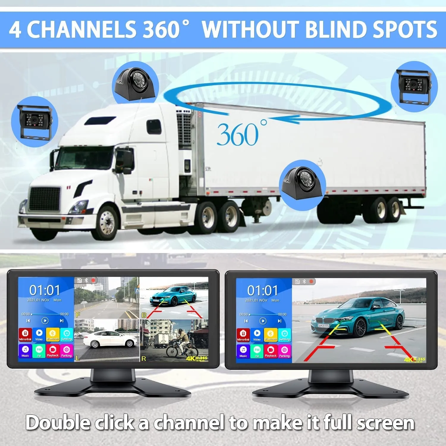 4K RV Backup Camera System with 10.36’’ Monitor for RV Truck Bus Trailer with Rear Side View 4 AHD Camera 4 Splits Touch Screen DVR Recording IP69 Waterproof Bluetooth Music Video Playback Avoid Blind