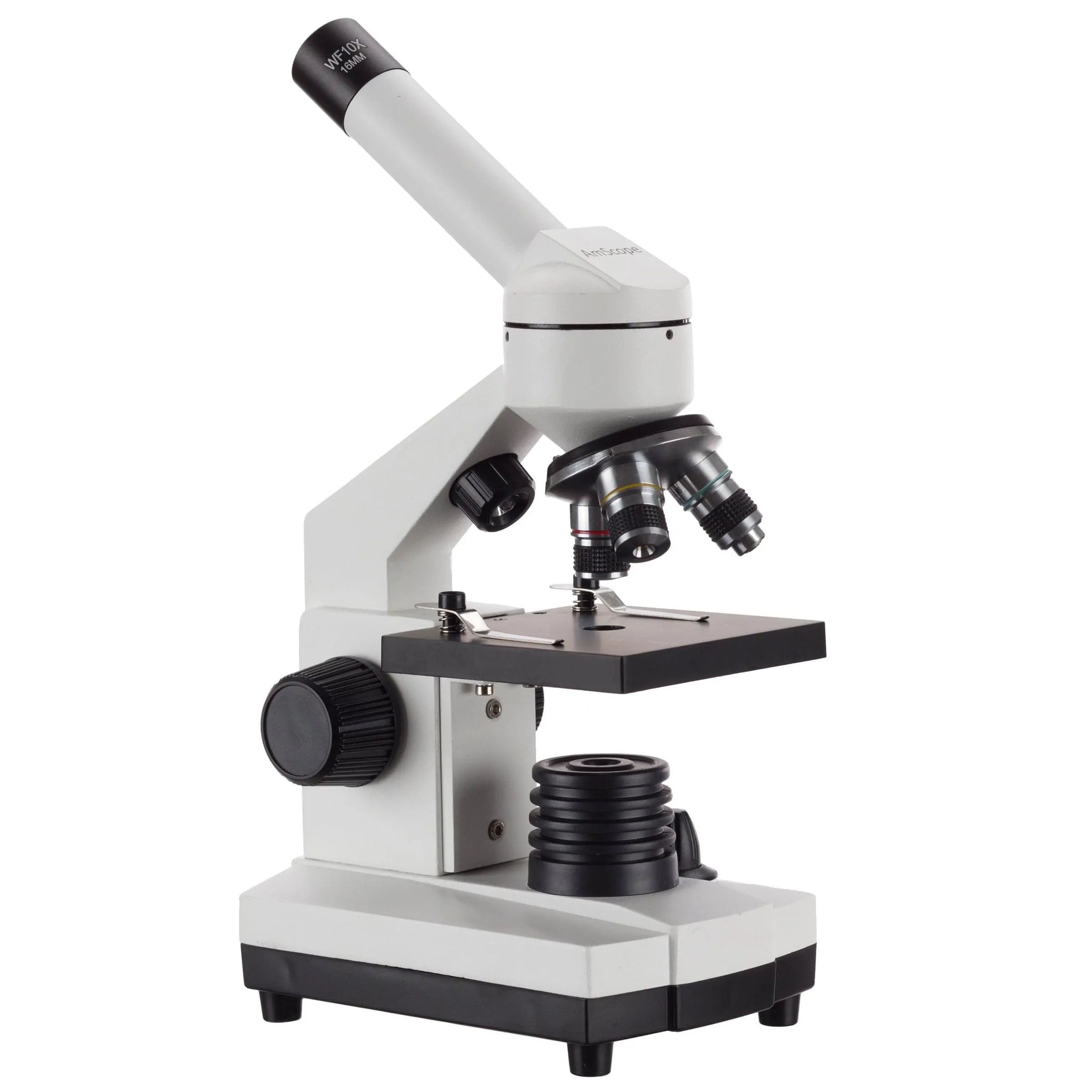 AmScope M110 Series Cordless LED Metal Frame Compound Microscope 40X-1000X Magnification with 10pc Slides