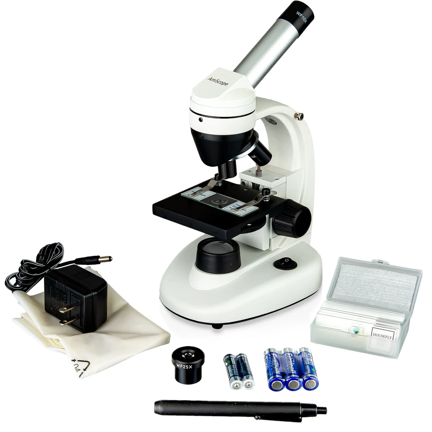 AmScope M135 Series Sturdy Student Science Monocular Microscope 40X-1000X Magnification with Slides and Pen Light