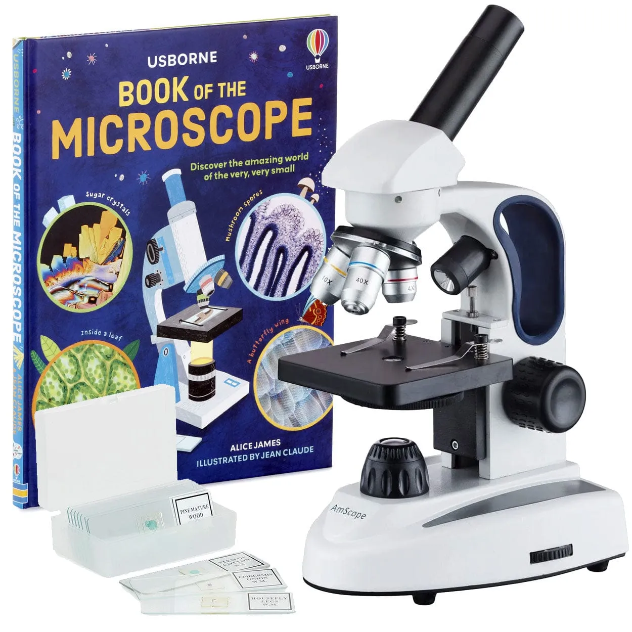 AmScope M149 Series Student Kids Metal Frame Glass Optics Biological Moncluar Compound Microscope 40X-1000X Magnification with Two Lights, Slides and a Book