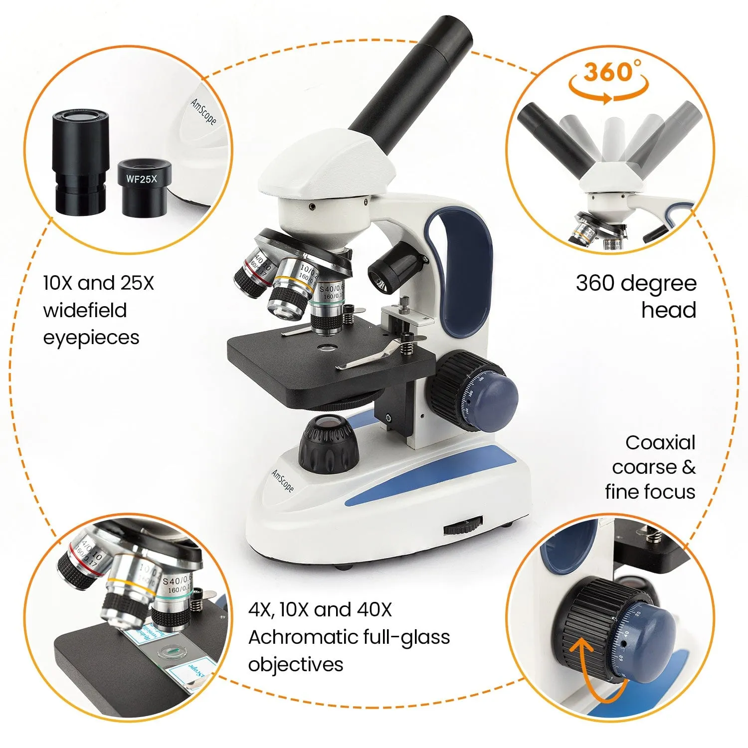 AmScope M158 Series Student Cordless Monocular Compound Microscope 40X-1000X Magnification with Top & Bottom Lights and Slide Kit & Book