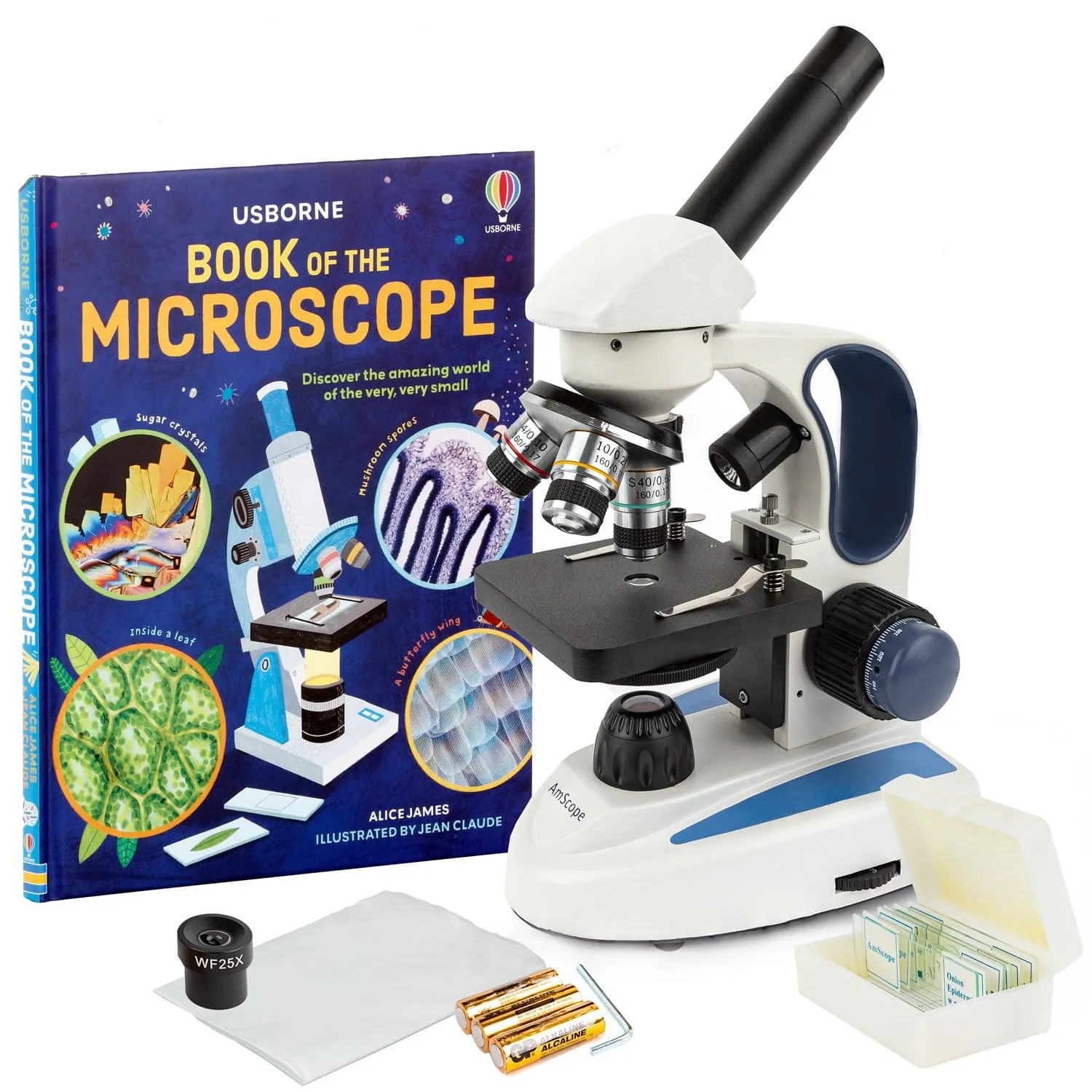 AmScope M158 Series Student Cordless Monocular Compound Microscope 40X-1000X Magnification with Top & Bottom Lights and Slide Kit & Book