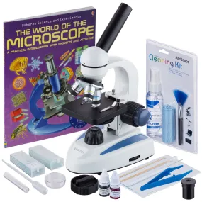 AmScope M158 Series Student Cordless Monocular Compound Microscope 40X-1000X Magnification with Top & Bottom Lights, Slide Preparation, Cleaning Kit and Book