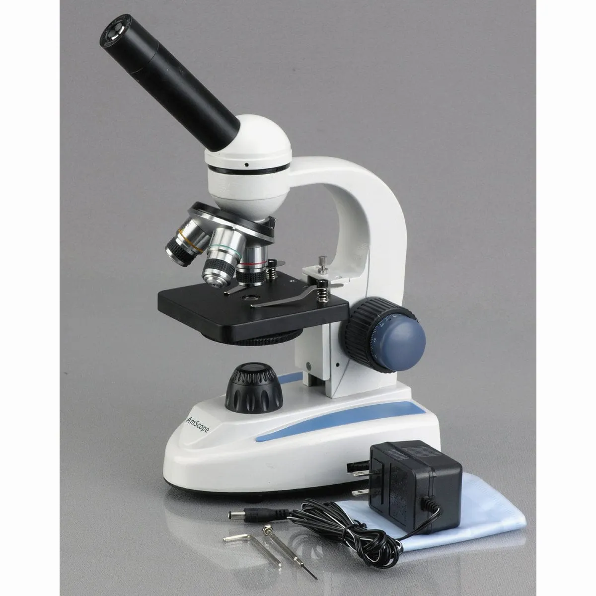 AmScope M158 Series Student Cordless Monocular Compound Microscope 40X-1000X Magnification with Top & Bottom Lights, Slide Preparation Kit and Cleaning Kit