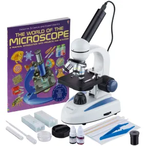 AmScope M158 Series Student Cordless Monocular Compound Microscope 40X-1000X Magnification with Top & Bottom Lights, USB Digital Camera, Slide Preparation Kit and Book