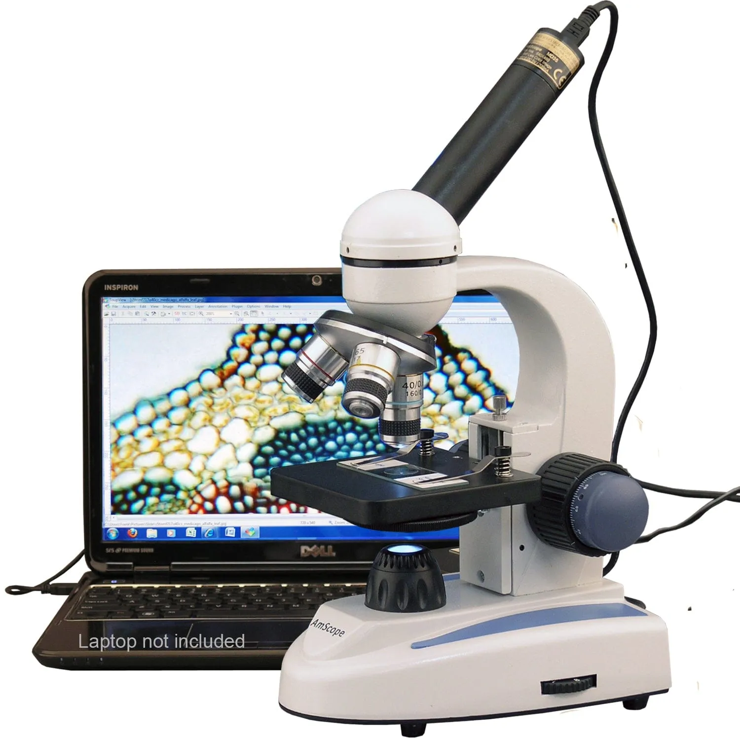 AmScope M158 Series Student Cordless Monocular Compound Microscope 40X-1000X Magnification with Top & Bottom Lights, USB Digital Camera, Slide Preparation Kit and Book