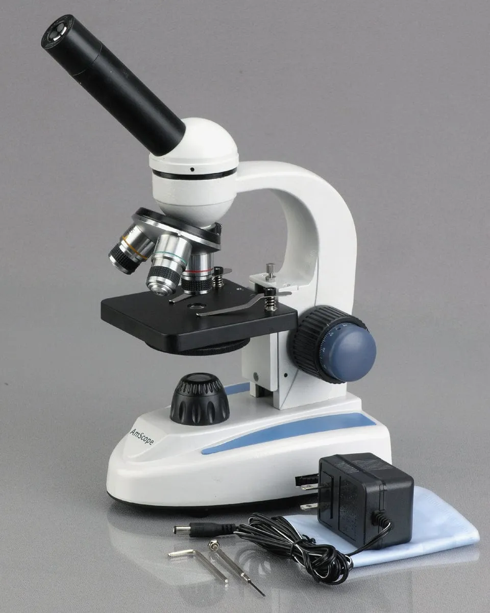 AmScope M158 Series Student Cordless Monocular Compound Microscope 40X-1000X Magnification with Top & Bottom Lights, USB Digital Camera, Slide Preparation Kit and Book