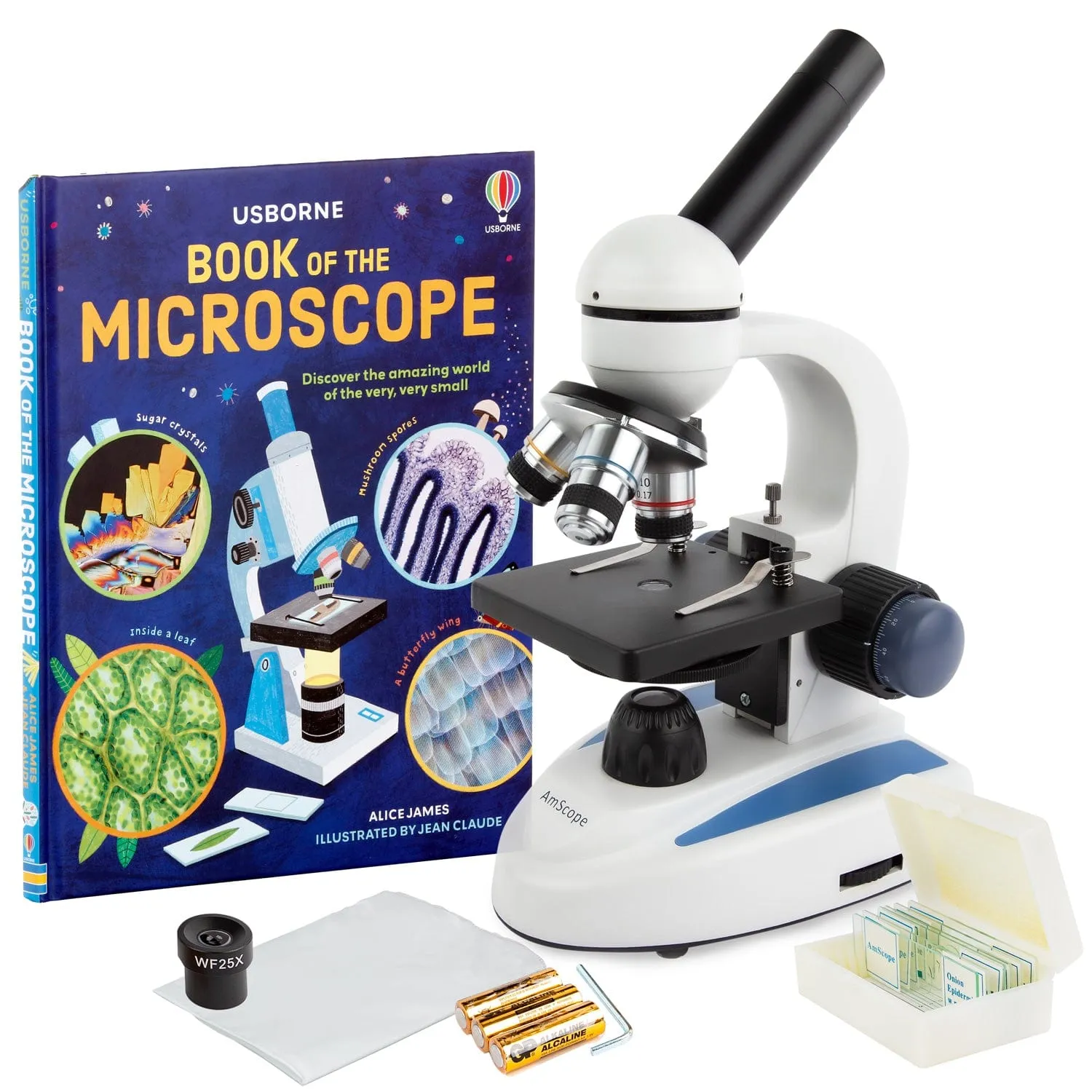 AmScope M158 Series Student Cordless Monocular Compound Microscope 40X-400X Magnification with Top & Bottom Lights, Metal Frame, Glass Lenses and Coarse & Fine Focus  Slides & Book