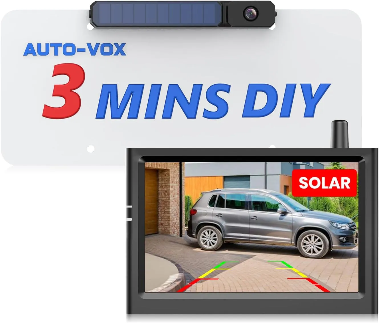 AUTO-VOX Solar Wireless Backup Camera for Trucks, 3Mins DIY Install with 5" Car Monitor, Battery Powered & IP69K Waterproof Back up Camera Systems, Stable Signal Vehicle Reverse Camera for Van/Suv