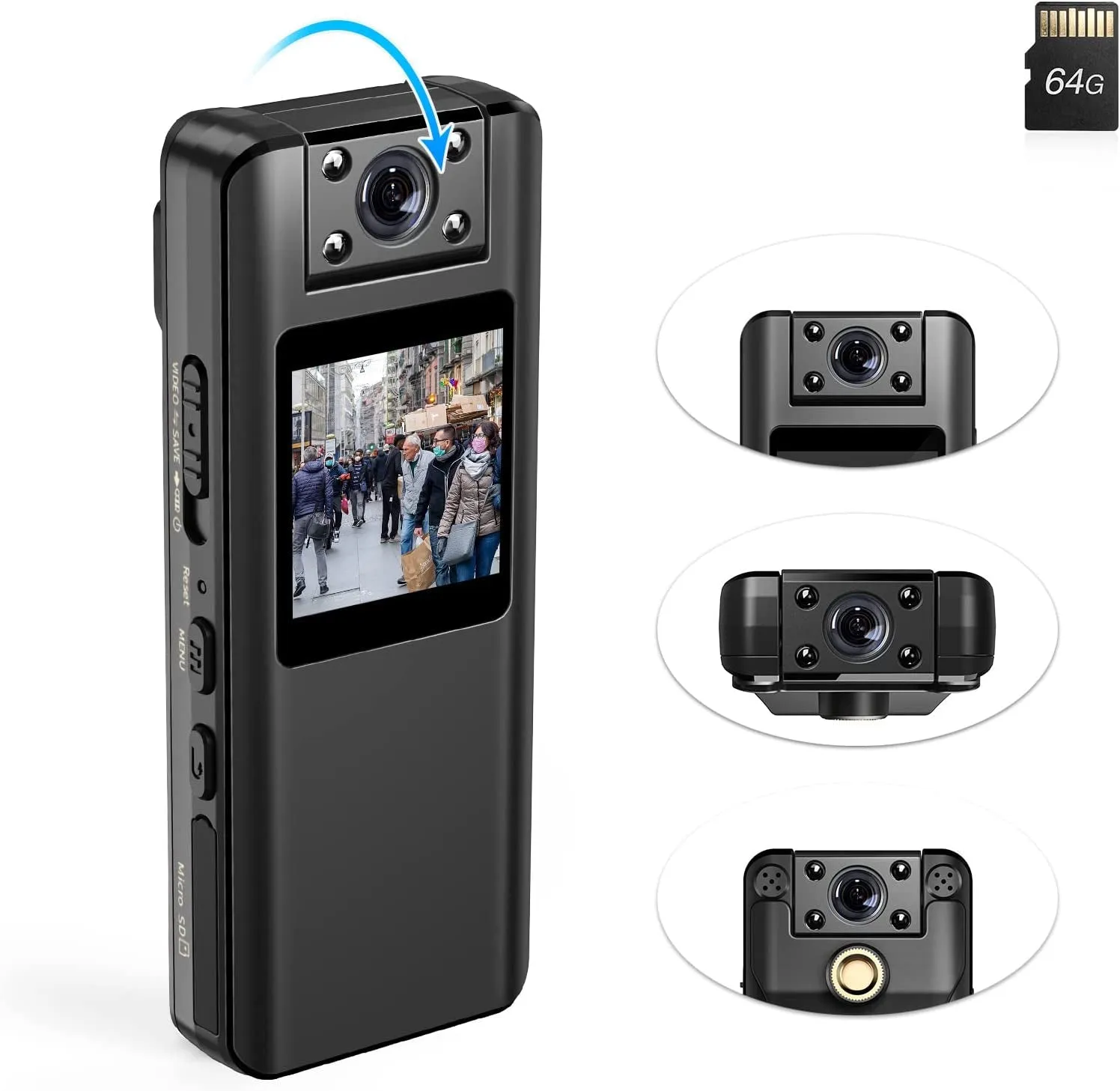 BOBLOV A22 64/32GB Body Camera, 2200Mah Battery for 10 Hours Recording,180° Rotatable Lens, 1080P Bodycam with OLED Screen to Playback, Camcorder with Audio for Walking, Delivery, Daily Proof (64GB)