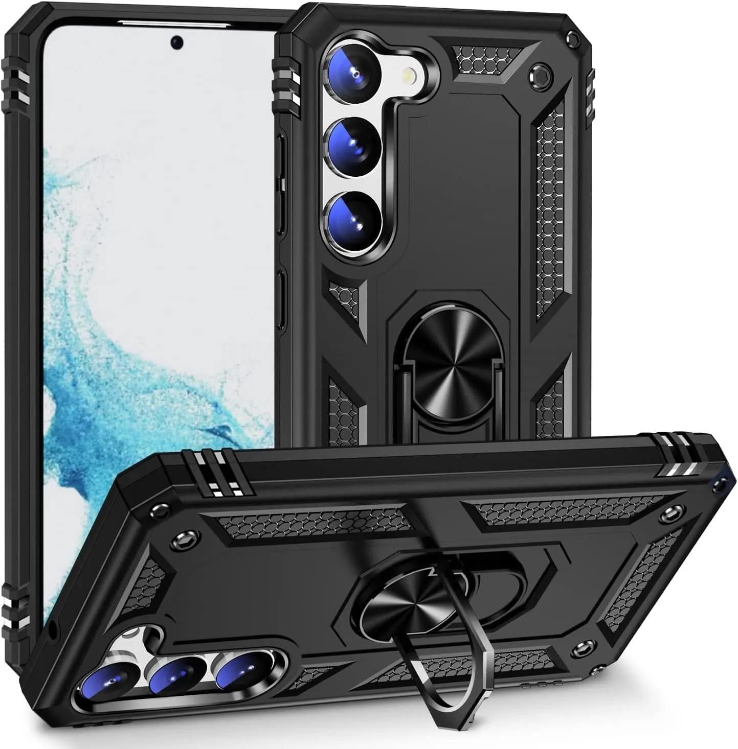 Bundle: Black Military Kickstand Series with Belt Clip Case with Tempered Glass Screen and Camera Protector - Samsung Galaxy S23