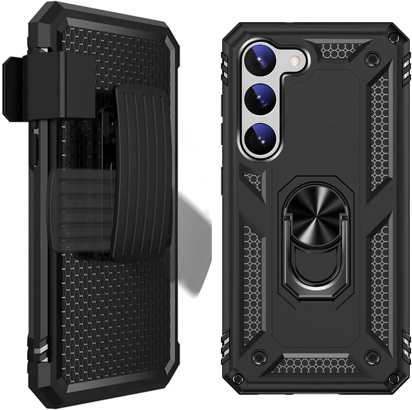 Bundle: Black Military Kickstand Series with Belt Clip Case with Tempered Glass Screen and Camera Protector - Samsung Galaxy S23