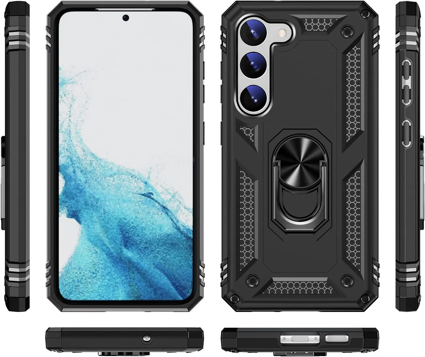 Bundle: Black Military Kickstand Series with Belt Clip Case with Tempered Glass Screen and Camera Protector - Samsung Galaxy S23