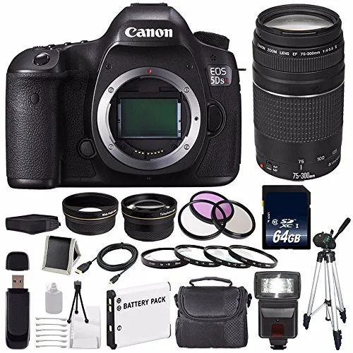 Canon EOS 5DS R DSLR Camera (International Model) 0582C002   Canon EF 75-300 III  LP-E6 Replacement Battery   64GB SDXC Pro Bundle