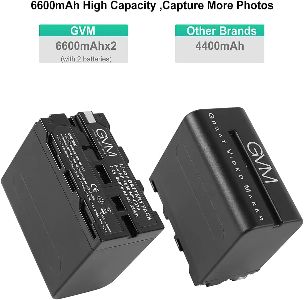 GVM NP-F970 6600mAh Batteries with Dual USB Charger and V-Mount Adapter, LCD Screen Display charge status of each battery, 2 Packs Portable Power for Camera Camcorder Broadcast Video Light