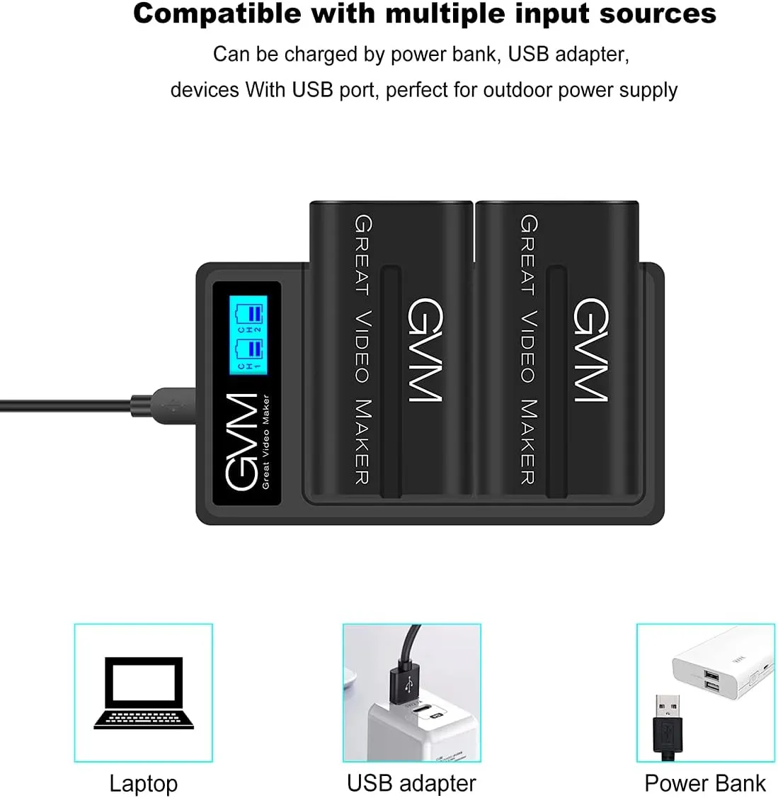 GVM NP-F970 6600mAh Batteries with Dual USB Charger and V-Mount Adapter, LCD Screen Display charge status of each battery, 2 Packs Portable Power for Camera Camcorder Broadcast Video Light