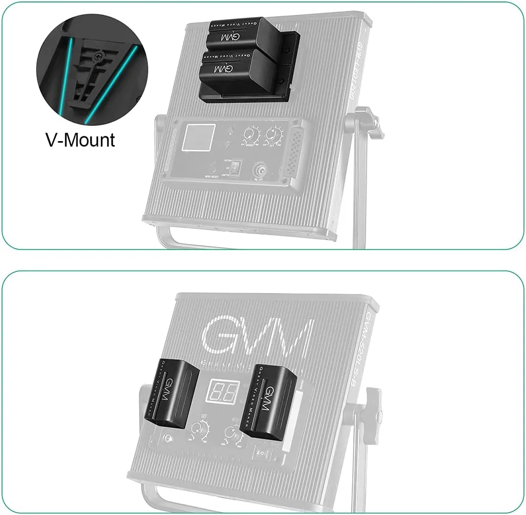 GVM NP-F970 6600mAh Batteries with Dual USB Charger and V-Mount Adapter, LCD Screen Display charge status of each battery, 2 Packs Portable Power for Camera Camcorder Broadcast Video Light