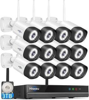 Hiseeu【Wireless Pro,Plug & Play】 5MP WiFi Security Camera System Outdoor, 12Pcs Camera Surveillance System, Color Night Vision, Two-Way Audio, 3TB Hard Drive, 24/7 Recordings, Up to 16 Channels