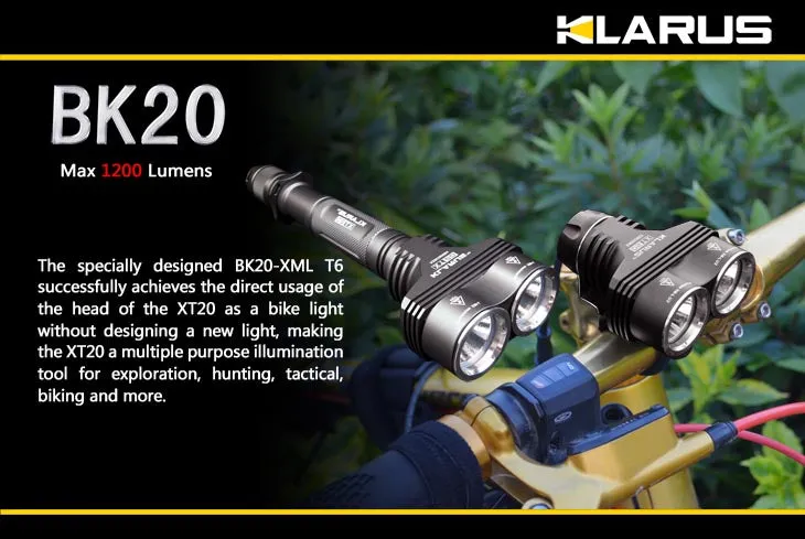 Klarus XT20   BK20AB Kit - Dual Head XM-L 1200 Lumen LED Flashlight and Bike Light