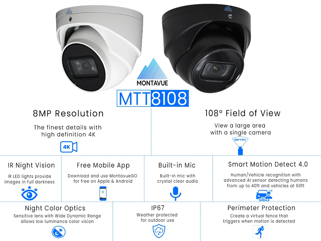 MTT8108-X Package | 8MP 4K SMD 4.0 Turret Cameras and 32 Channel NVR with 6TB HDD