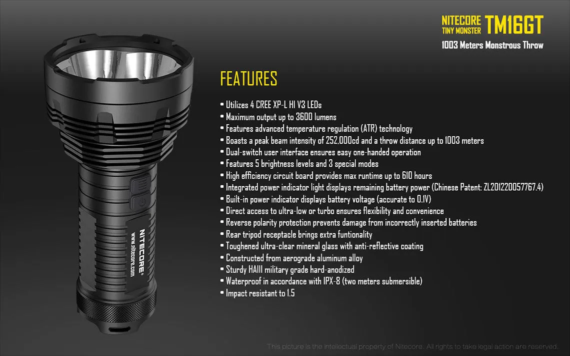 Nitecore TM16GT 4x 18650 3600 Lumens 4 Cree XP-L HI V3 LED Flashlight