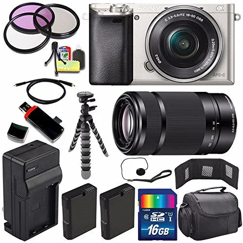 Sony Alpha a6000 Mirrorless Digital Camera with 16-50mm Lens (Silver)   Sony E 55-210mm f/4.5-6.3 OSS E-Mount Lens 16GB Bundle