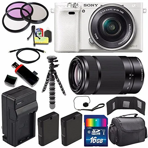 Sony Alpha a6000 Mirrorless Digital Camera with 16-50mm Lens (White)   Sony E 55-210mm f/4.5-6.3 OSS E-Mount Lens 16GB Ultimate Bundle